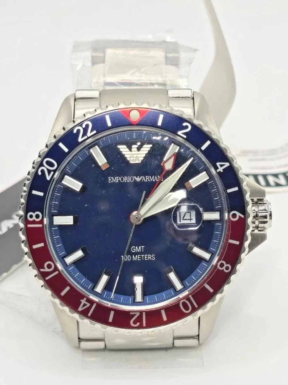 Emporio Armani AR11590 Mens GMT Watch Blue Red Bezel Stainless Steel Bracelet